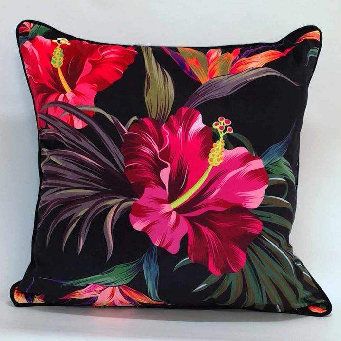 Juniper Eden colourful velvet print cushion with a pink hibiscus illustration