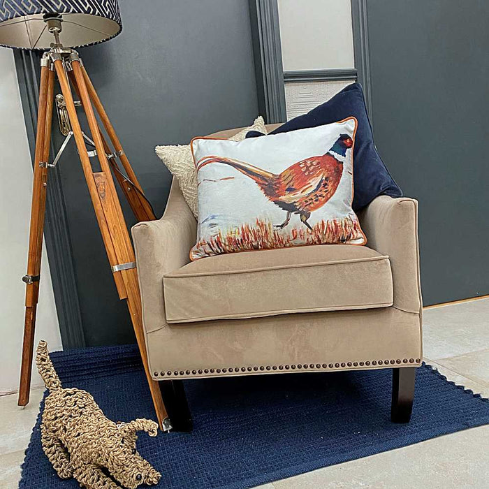 A classic velvet print cushion with a painted pheasant illustration