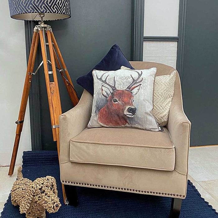 A hand painted Stag printed on a linen base cushion