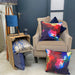 Hand painted abstract Rajan seth Kaleidoscope cushions in multicolour on velvet with gold daubing and navy piping and reverse