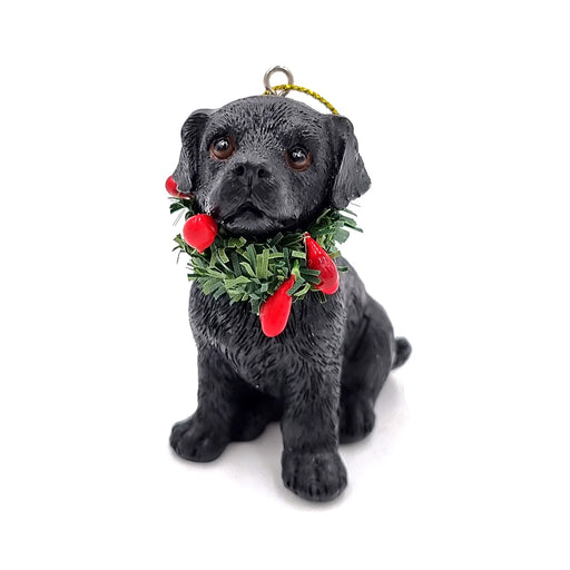 Sitting black Labrador puppy with Christmas wreath hanging decoration