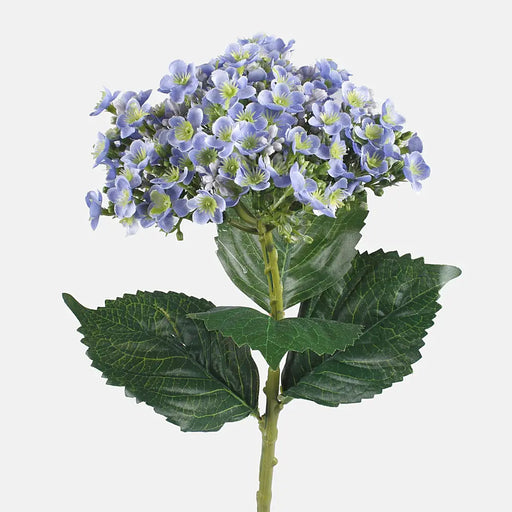 Artificial blue hydrangea flowers on a green stem with green leaves
