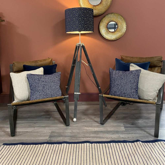 Matisse Floor Lamp Tripod with navy lamp shade in sitting room setting.