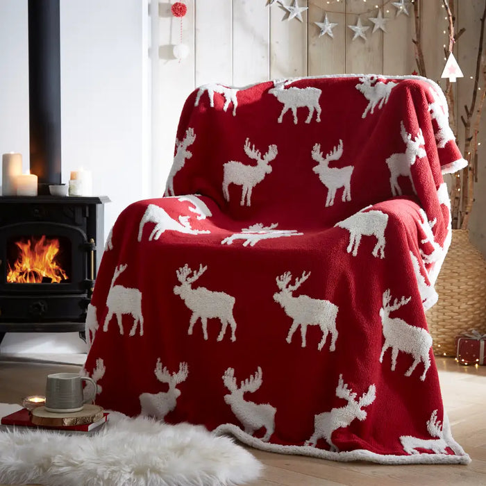 Christmas red fleece moose throw