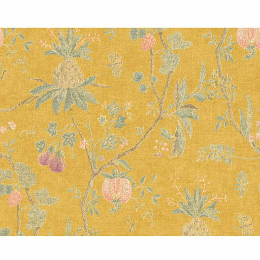 Traditional style floral and foliage on a mustard background wallpaper