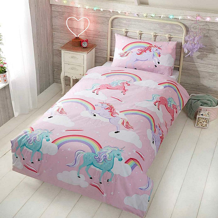 A bedroom setting with single bed and My Little Unicorn duvet set