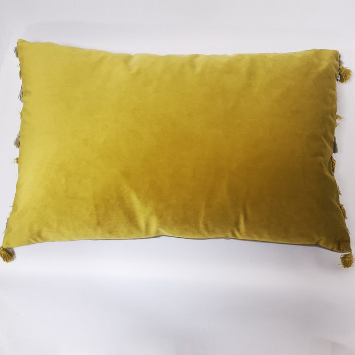 Nappa reversible grey-mustard matte velvet rectangle cushion, with tassel edges