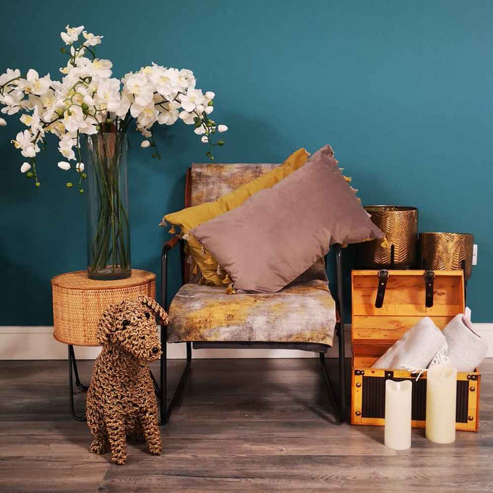 Living room setting with Nappa reversible grey-mustard matte velvet rectangle cushion, with tassel edges