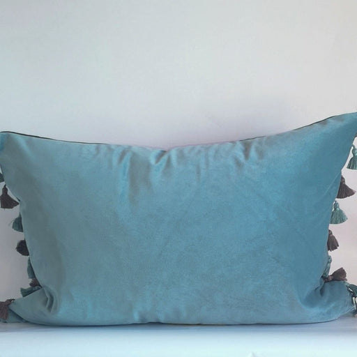 Nappa reversible seafoam & ocean matte velvet rectangle cushion, with quirky tassel edges in matching colours