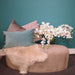 Pouffe with Nappa reversible seafoam & ocean matte velvet rectangle cushion, with quirky tassel edges in matching colours