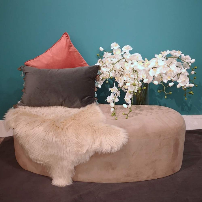 Pouffe with Nappa reversible seafoam & ocean matte velvet rectangle cushion, with quirky tassel edges in matching colours