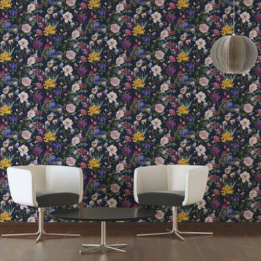 Bold flower pattern on a dark navy background with a textured matt finish wallpaper in a dining room