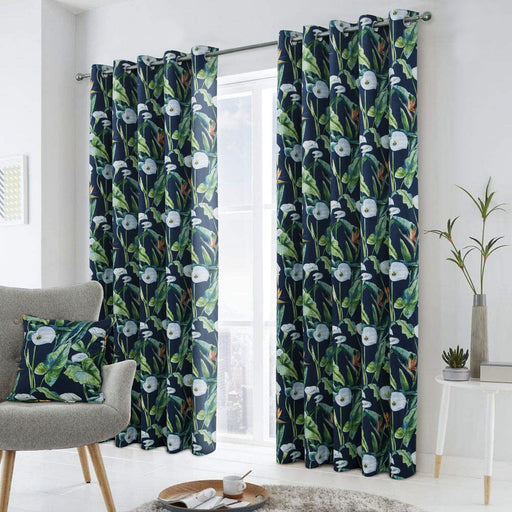 Paradise navy and floral patterned readymade blackout eyelet curtains