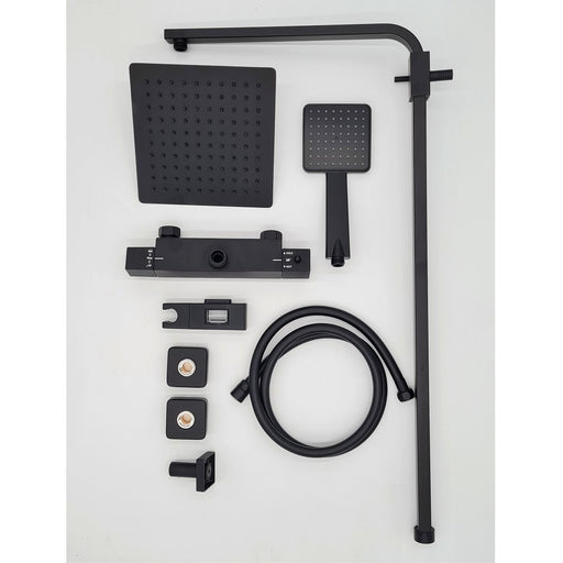 Parma matt black thermostatic bar shower kit with square shower head and handset