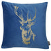 A classic blue velvet print feather filled cushion with a gold foiled stag