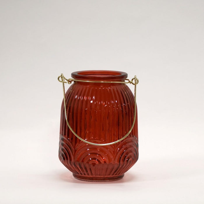 Pharis red glass hurricane with gold handle candle holder