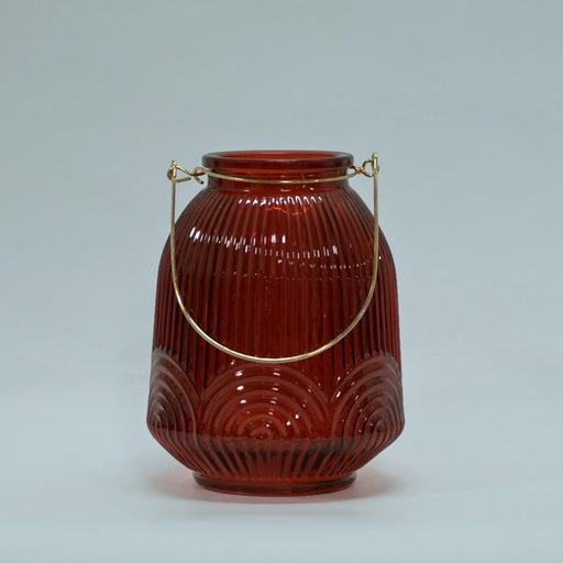 Pharis red large glass hurricane with gold handle candle holder