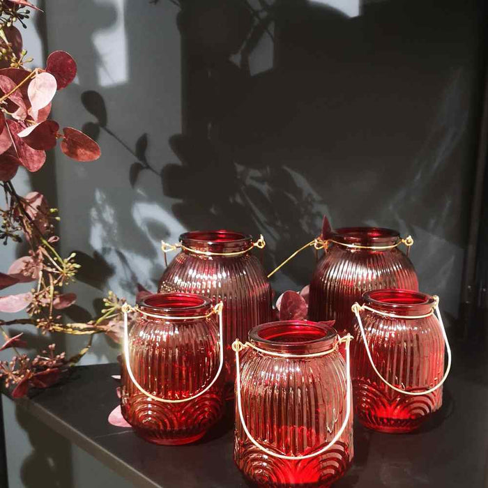 Pharis red glass hurricanes with gold handles candle holders