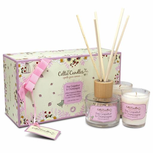 Pink Grapefruit & Champagne Gift Box Mini with a 100ml diffuser and  2 10cl votive candles