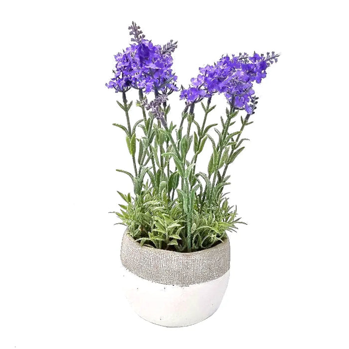An artificial lavender lilac plant, in a clay pot