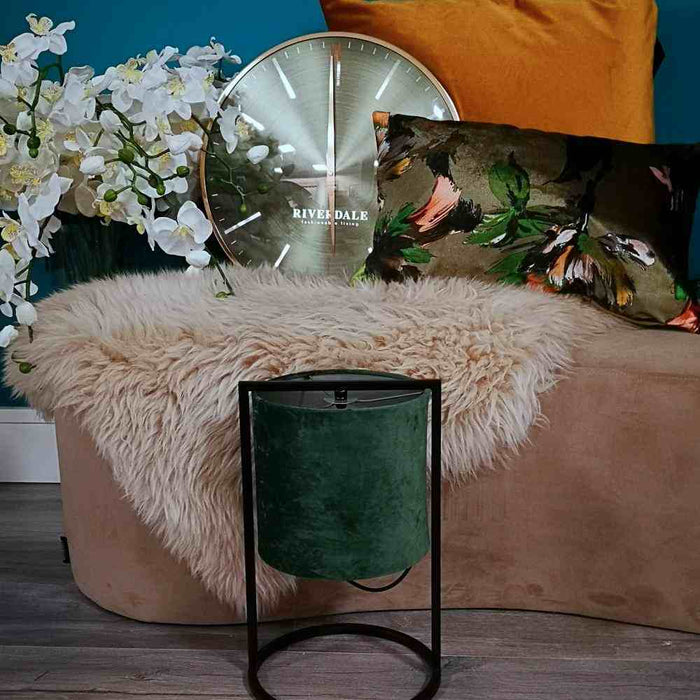 Living room furniture setting with RIVERDALE Milena oyster green wall clock