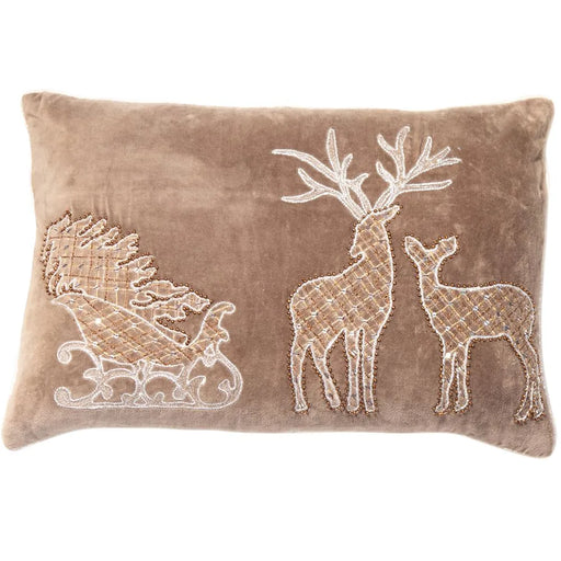 An embellished reindeer and sleigh on brown cushion with a luxurious feather filling