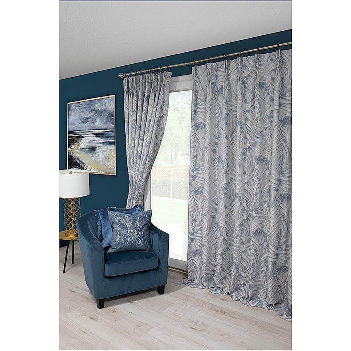 Scatter Box Zahara Blue Pinch Pleat Curtains in a living room