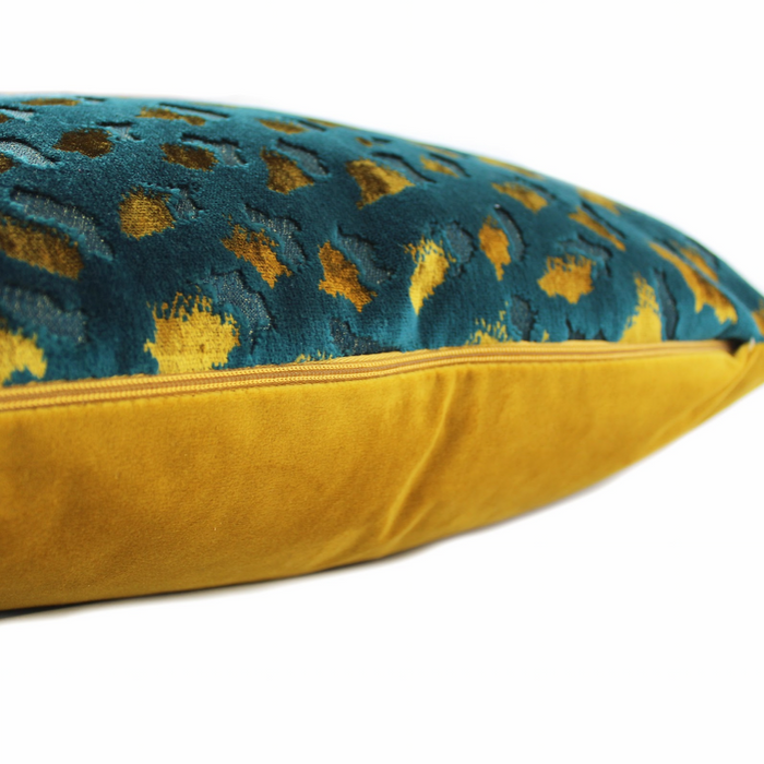 Scatter Box Harlow cushion featuring a sumptuous teal & gold design finished with a gold velvet reverse