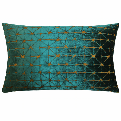 Scatter Box Jasper cushion featuring a sumptuous diamond teal & gold design finished with a gold velvet reverse