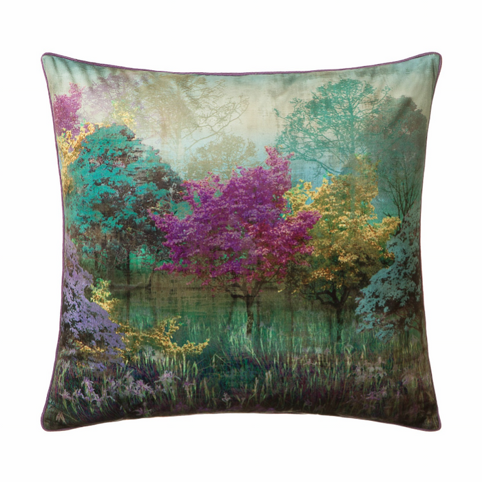 Scatter Box Whisper purple cushion is a watercolour landscape printed on soft velour fabric