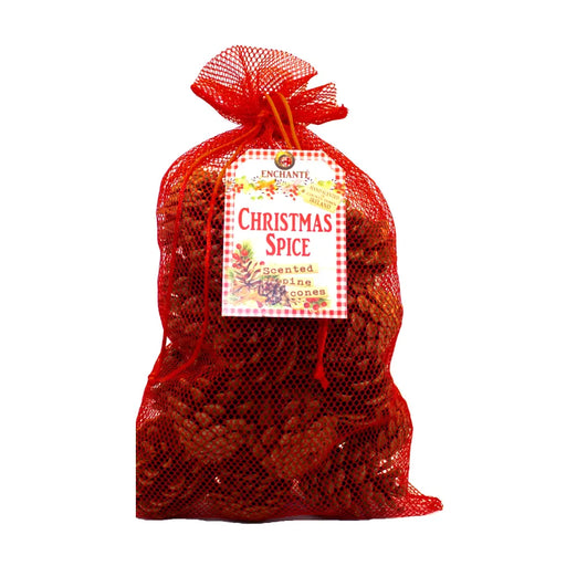 Richly scented Christmas spice pine cones in a red mesh bag