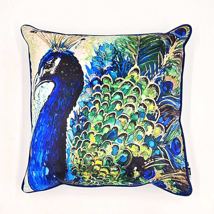 Soft velvet Serendipity cushion with vibrant painted peacock