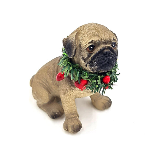 Sitting pug with Christmas wreath hanging decoration