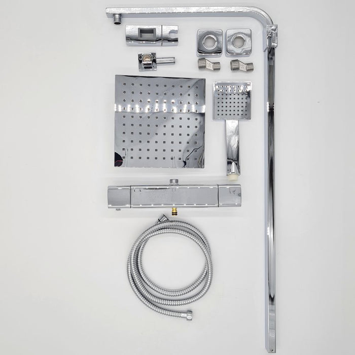 Chrome thermostatic bar shower kit with square shower head and handset