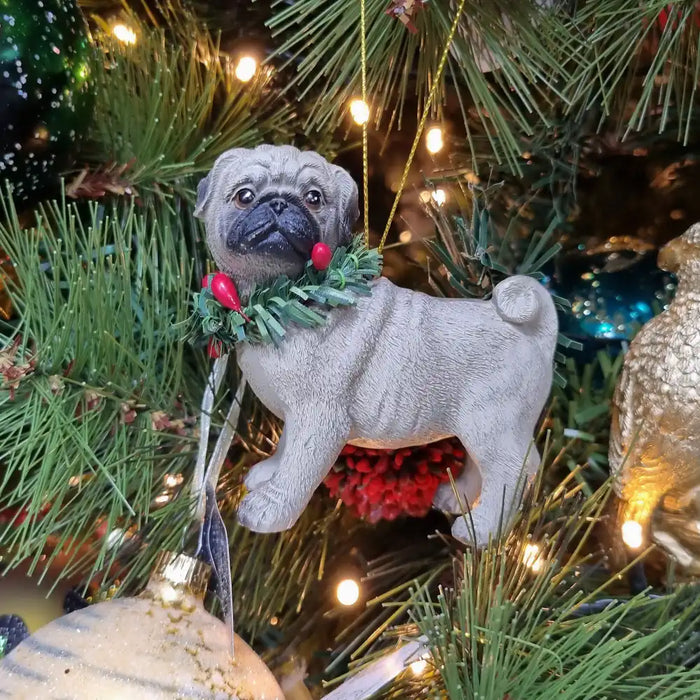 Standing pug with Christmas wreath hanging decoration