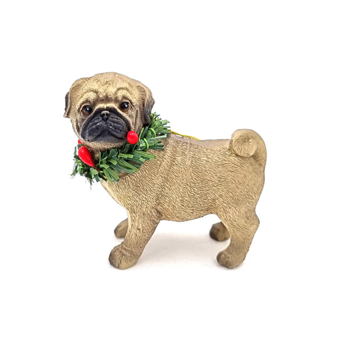 Standing pug with Christmas wreath hanging decoration