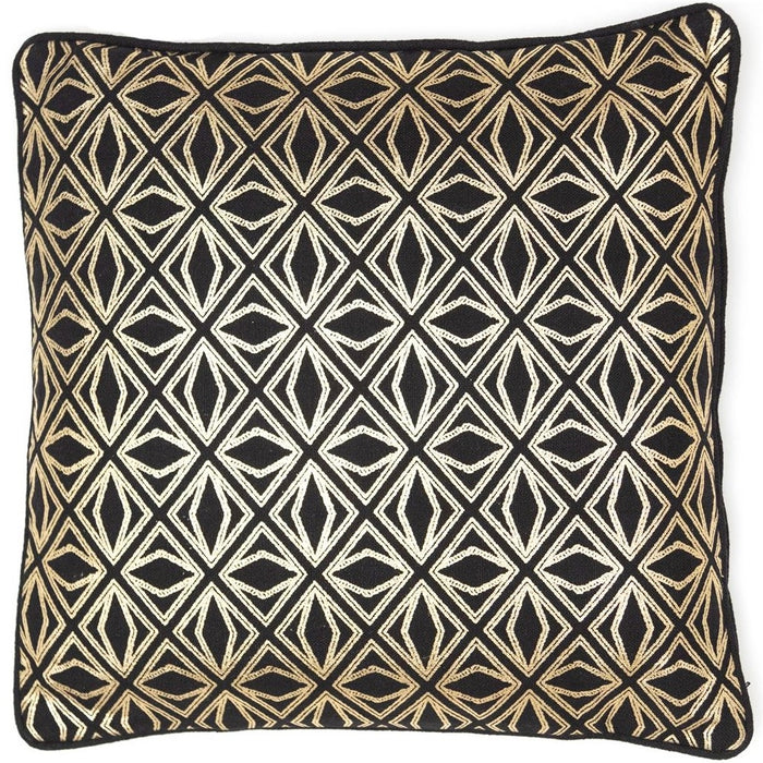 A Paul Moneypenny original strut cushion with a metallic gold foil opulent print on black linen fabric