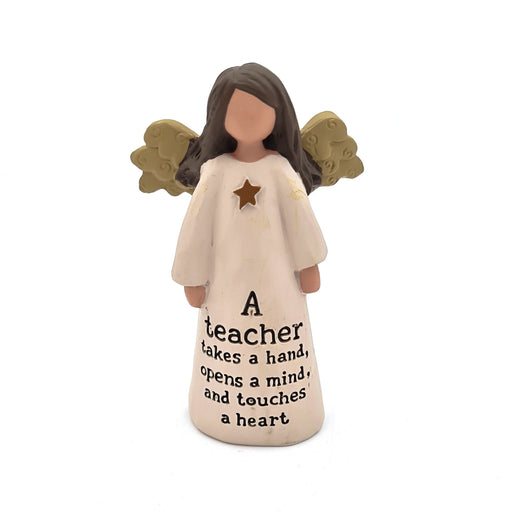 Teacher gift Christmas angel ornament with the engraved text "A teacher takes a hand, opens a mind and touches a heart""