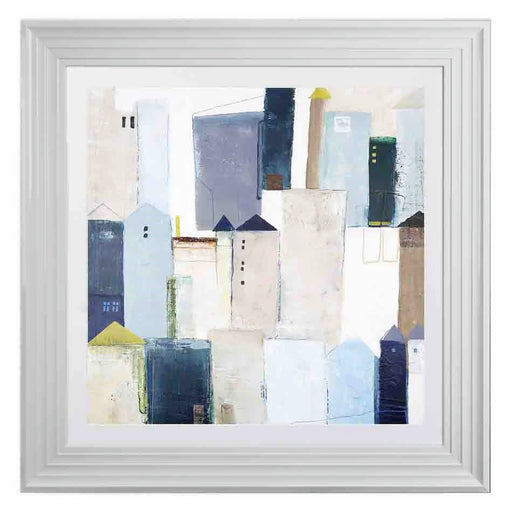 An abstract village setting print in blues & yellows with a grey frame