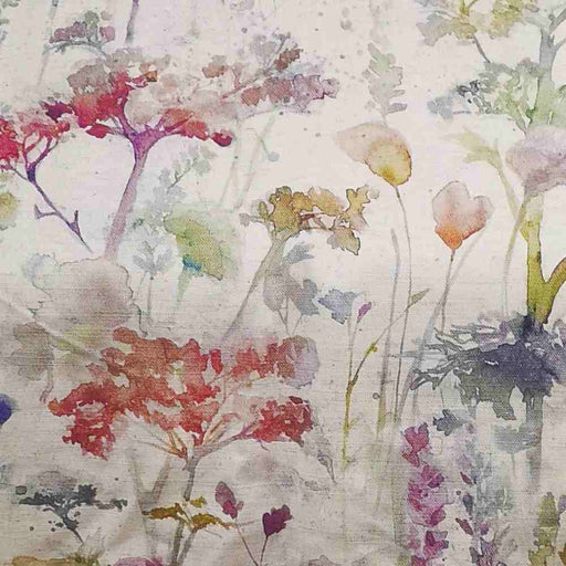 Voyage Maison ilinizas poppy curtains, featuring a beautiful collection of meadow flowers hand painted in soft tones of sage green, teal blues and rich damson with delicate splashes of watercolour