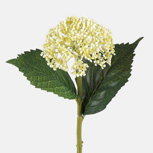 Artificial white and green hydrangea seeds on stem with green leaves