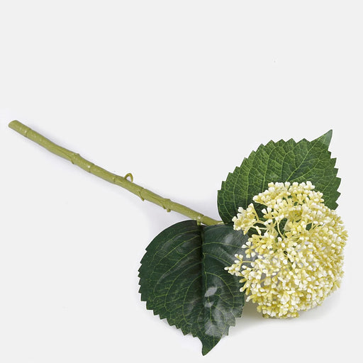 Artificial white and green hydrangea seeds on stem with green leaves