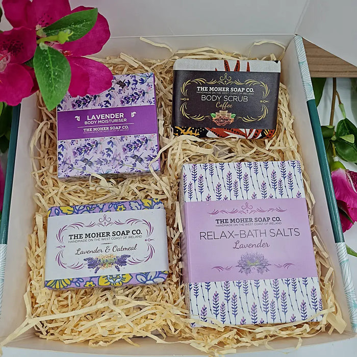 The simple yet beautiful Wild Atlantic gift box, filled with a Lavender & Oatmeal soap, Lavender body moisturiser, Coffee body scrub and a jar of Relax bath salts