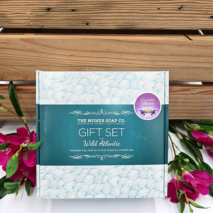 The simple yet beautiful Wild Atlantic gift box, filled with a Lavender & Oatmeal soap, Lavender body moisturiser, Coffee body scrub and a jar of Relax bath salts