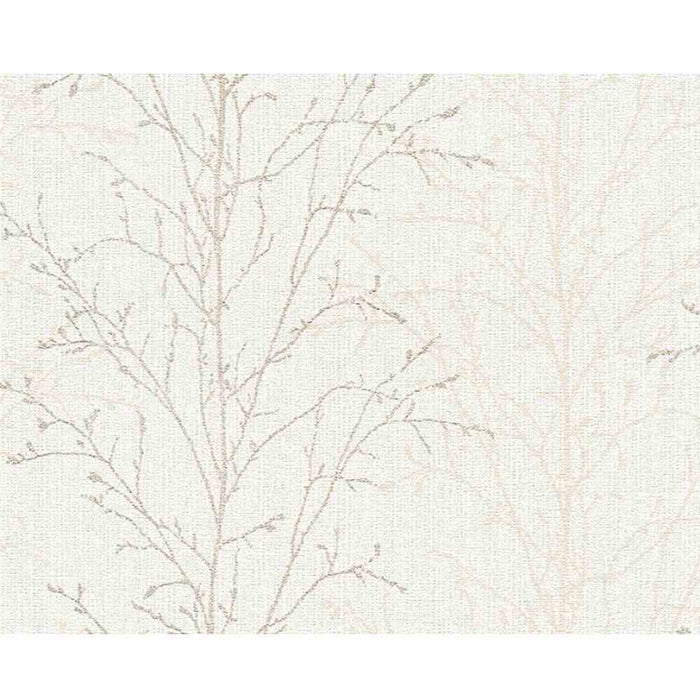 Subtle grey foliage pattern wallpaper on neutral cream background