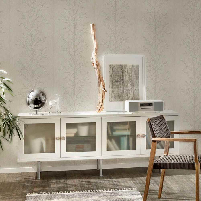 Living room with subtle grey foliage pattern wallpaper on neutral cream background