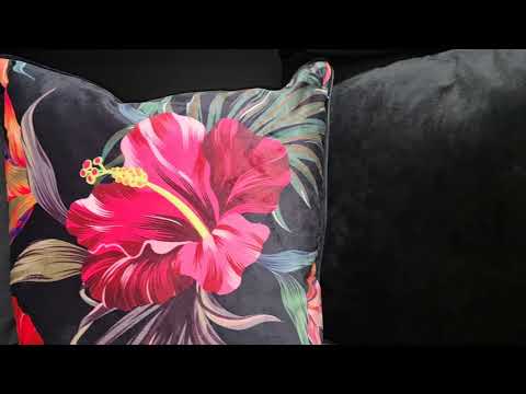 Juniper Eden colourful velvet print cushion with a pink hibiscus illustration