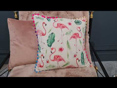 Ci FiFi flamingo printed design cushion on faux linen with multicoloured pom pom
