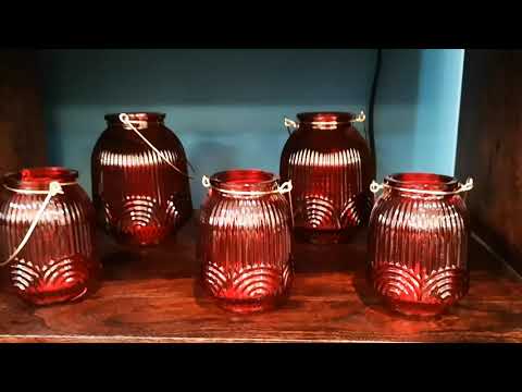 Pharis red glass hurricanes with gold handles candle holders